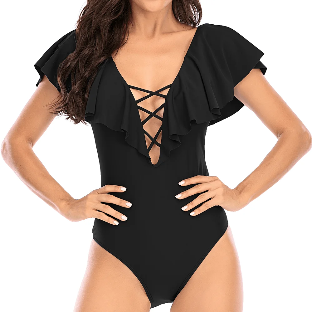 gossina black swimsuit swimwear sexy pleated
