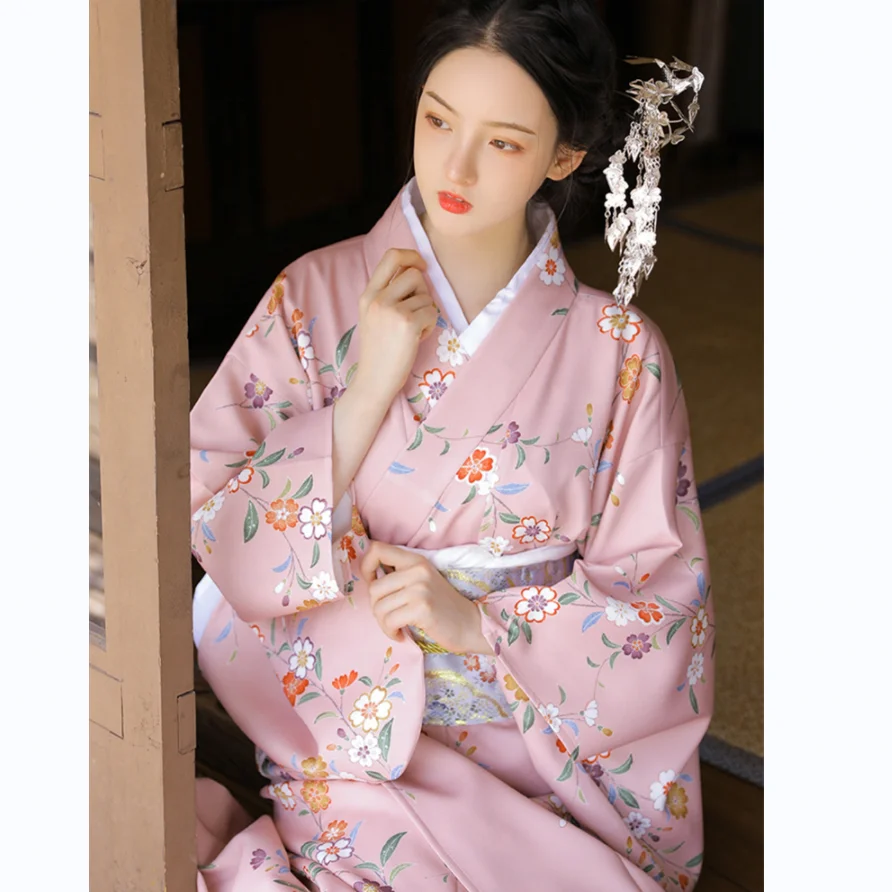japonya uzun elbise geleneksel kimono pembe